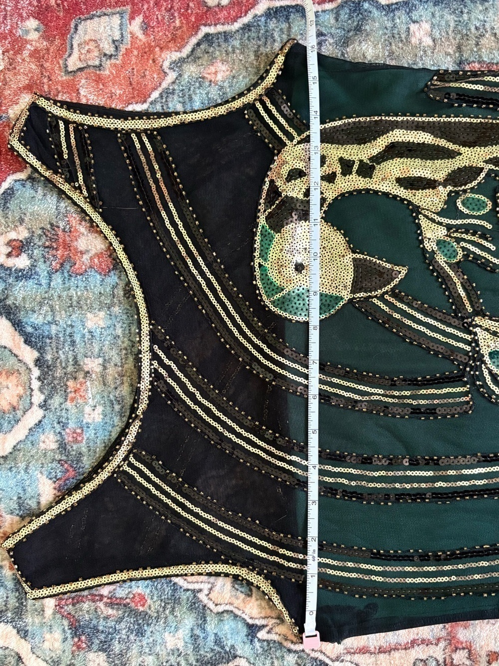 Stunning Embellished Peacock Sequined Emerald & Black Flapper Dress with Fringe - Picture 6 of 7
